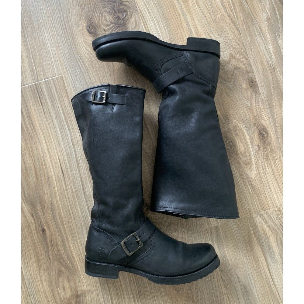 Frye Veronica Slouch Black Leather Knee High Buckle Biker Boots Women's 8.5 B